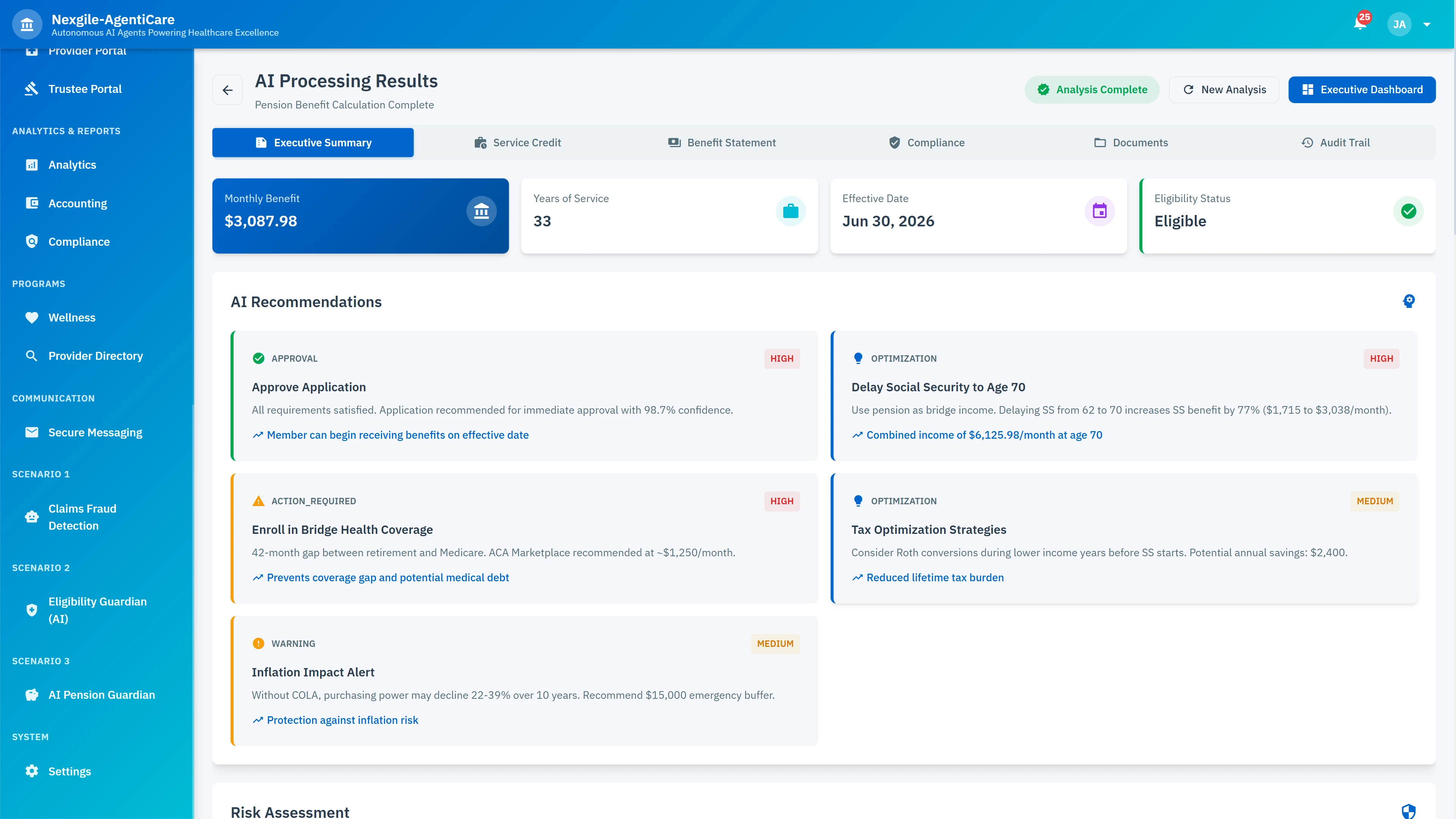 Pension processing results with calculated monthly benefit, years of service, eligibility status, and AI recommendations for Social Security optimization and financial planning